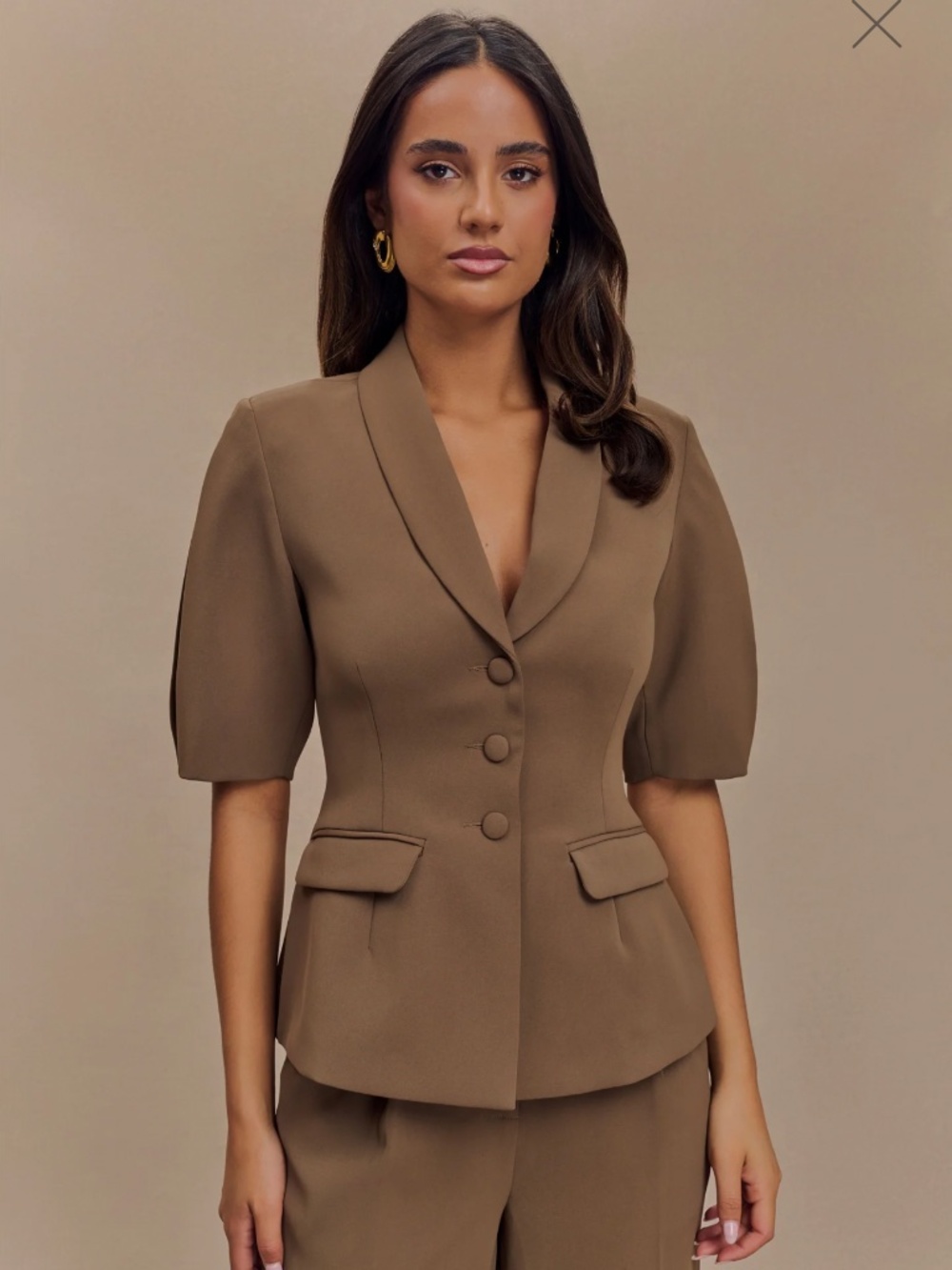 MESHKI Opal Puff Sleeve Suiting Top - Cacao Brown size L NWT